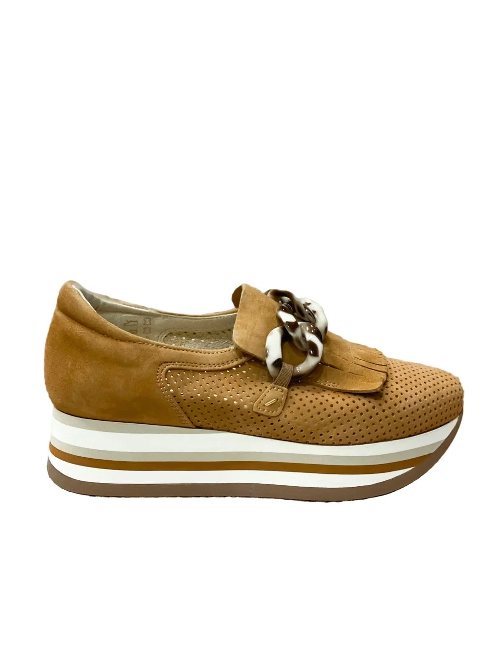 Softwaves Tan Suede Fringe Loafers with Tortoiseshell Chain